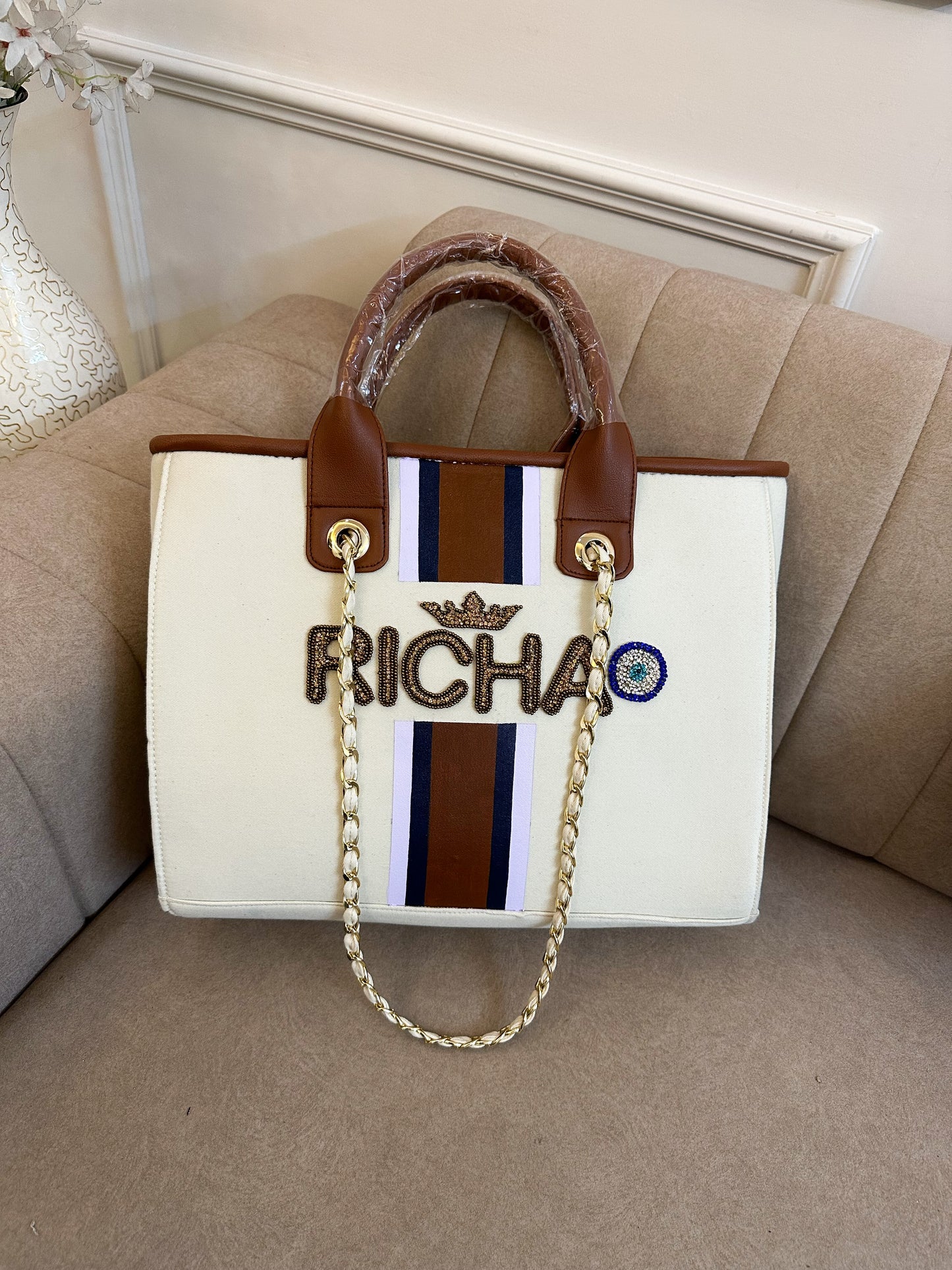 Offwhite bag with White, Navy blue and Brown stripes