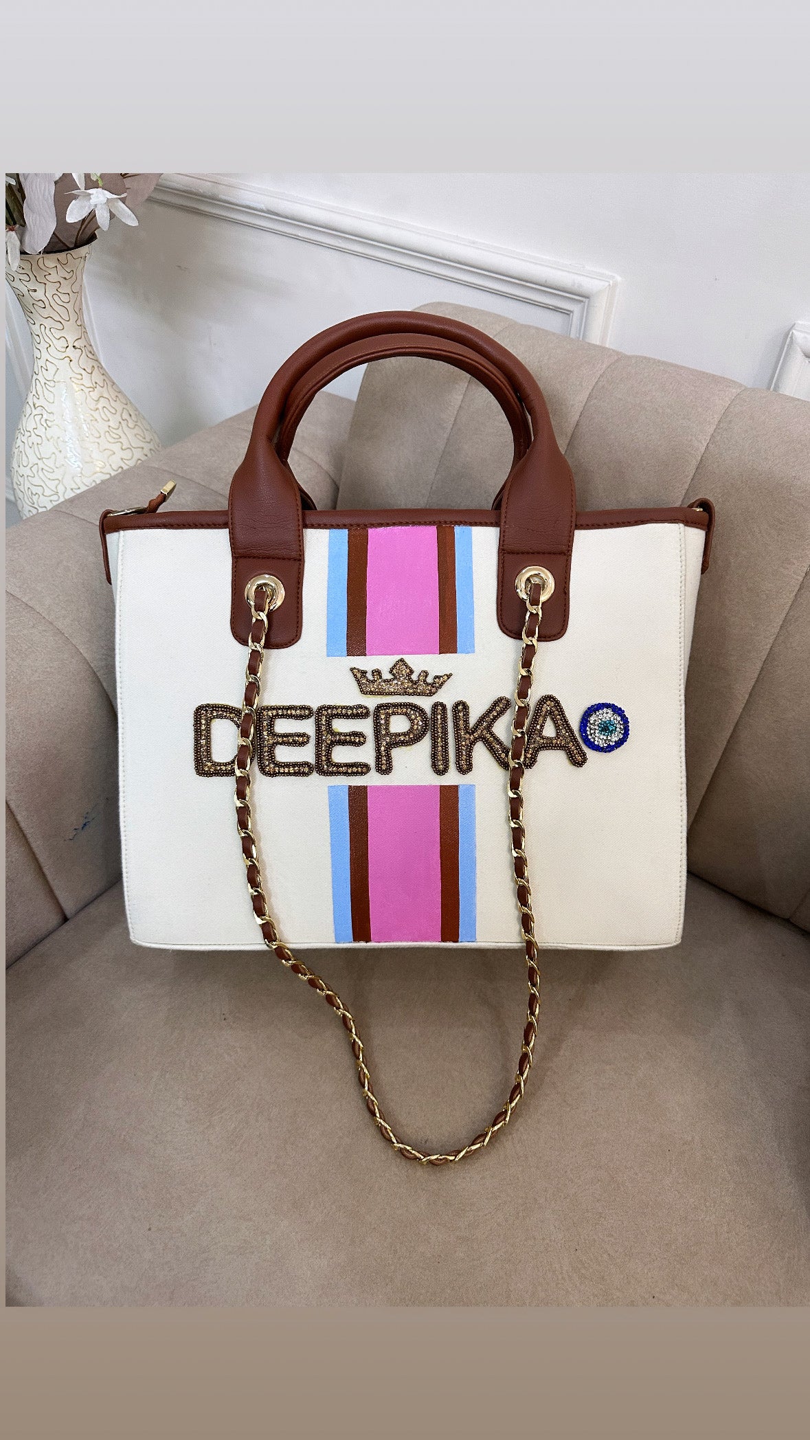 Offwhite bag with sky blue, brown, and pink stripe(Jewel Embellished)