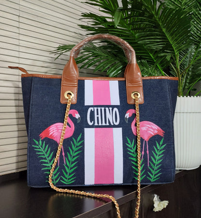 Navy blue bag with flamingos