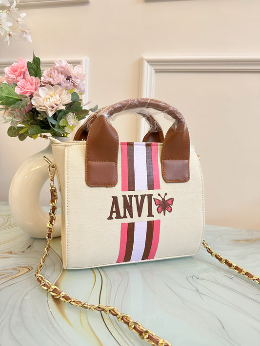 Offwhite mini sling with white, brown and pink stripe