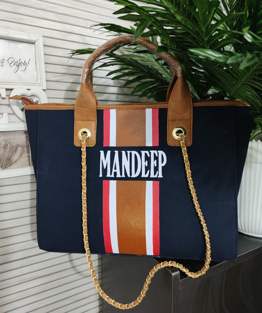 Navy blue tote with red,white and brown stripes