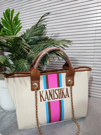 Off-White Bag with Blue, Brown, Neon pink