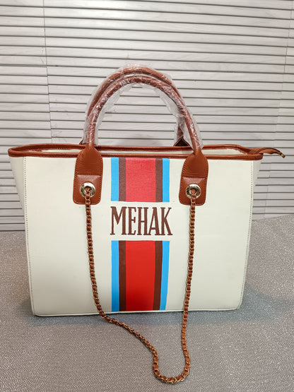 Off-White Bag with Blue, Brown and Tomato Red Stripes