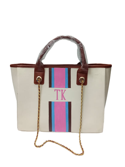 Off-white bag with Brown, Blue and Pink Stripes